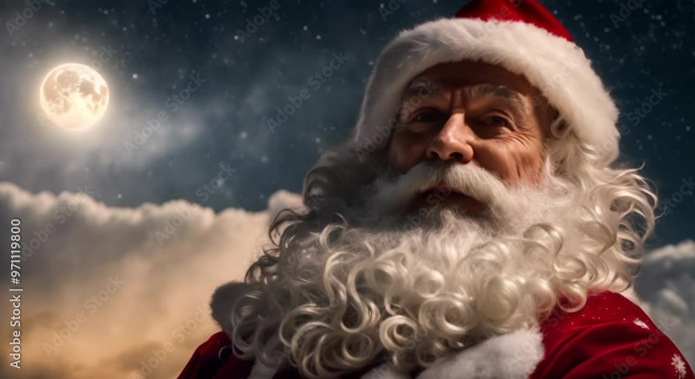 Santa Claus in the snowy starry night sky above the clouds delivering presents around the world on xmas eve Santa Claus in the snowy starry night sky above the clouds delivering presents around the world on xmas eve