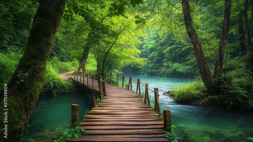 A wooden bridge crossing over a tranquil river in a dense forest, surrounded by lush greenery. A wooden bridge crossing over a tranquil river in a dense forest, surrounded by lush greenery.