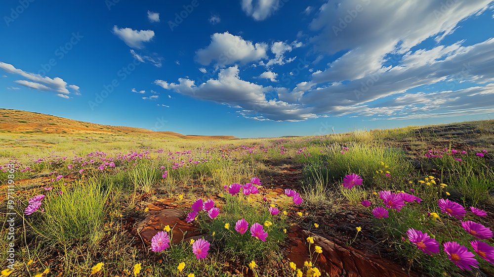Obraz premium A wide shot of vibrant desert wildflowers blooming in the arid landscape of the Australian Outback 