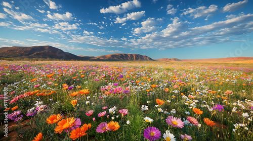 A wide shot of vibrant desert wildflowers blooming in the arid landscape of the Australian Outback 