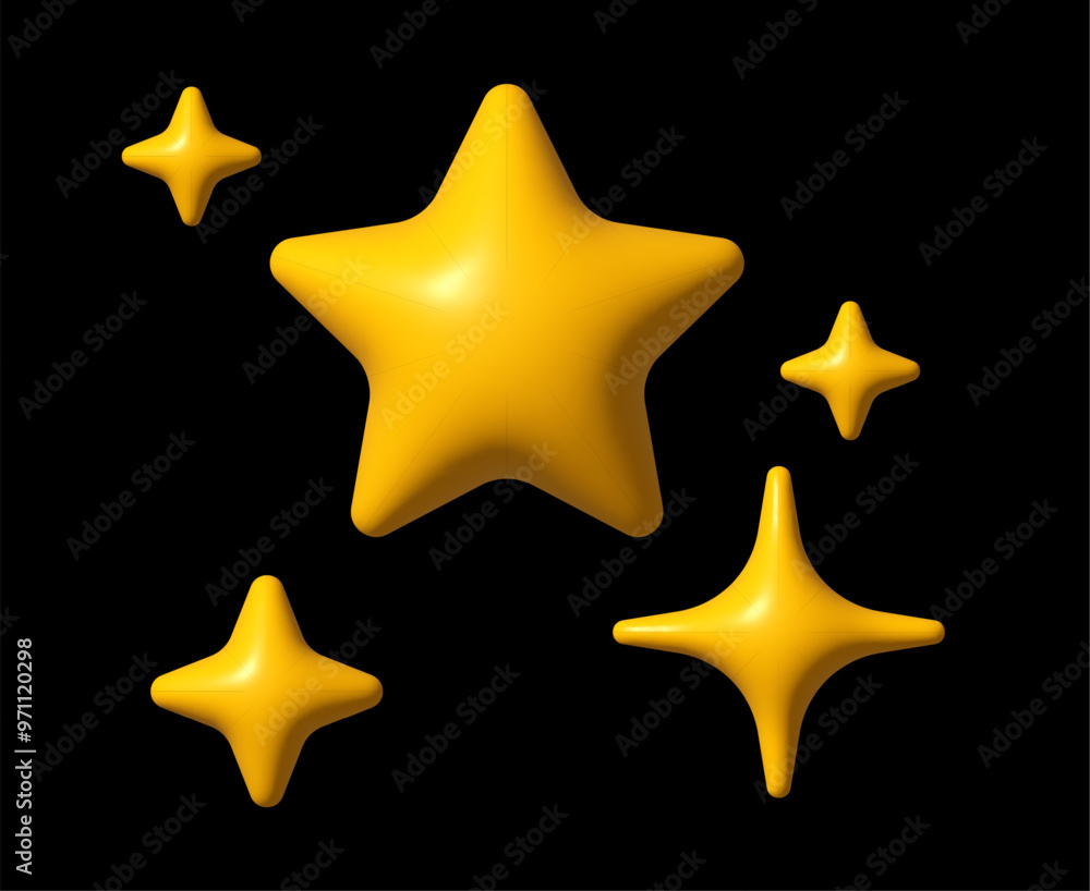 3D yellow stars of different shapes, inflatable stars, volumetric. Realistic 3d design cartoon style. Decorative stars elements for New Year and Christmas designs. Vector illustration 3D yellow stars of different shapes, inflatable stars, volumetric. Realistic 3d design cartoon style. Decorative stars elements for New Year and Christmas designs. Vector illustration