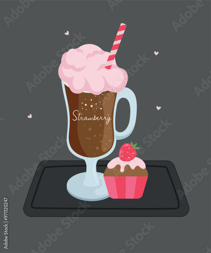  Illustration with Iced Coffee at Strawberry Taste and Cupcake