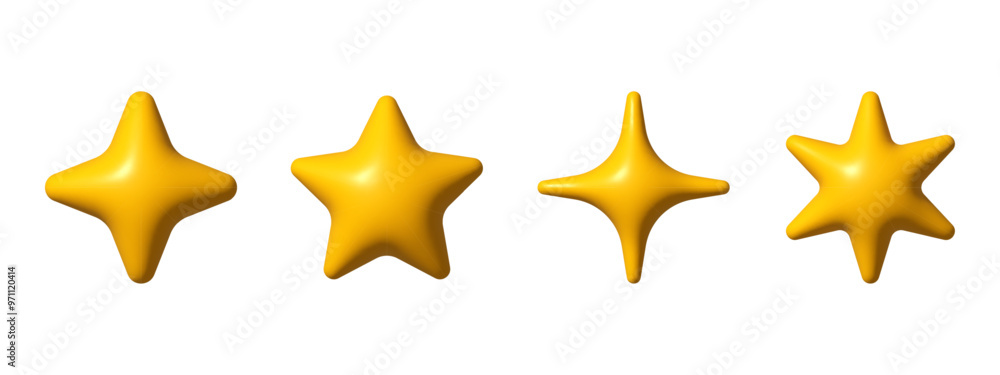 3D yellow stars of different shapes, inflatable stars, volumetric. Realistic 3d design cartoon style. Decorative stars elements for New Year and Christmas designs. Vector illustration 3D yellow stars of different shapes, inflatable stars, volumetric. Realistic 3d design cartoon style. Decorative stars elements for New Year and Christmas designs. Vector illustration
