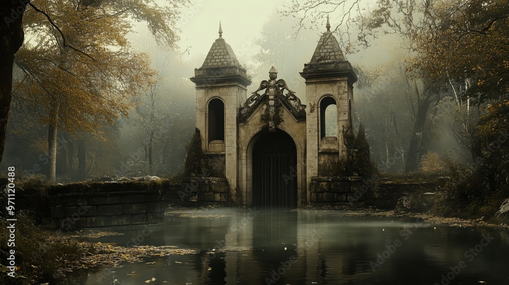 A castle with a large archway and a pond in front of it. The pond is full of water and leaves A castle with a large archway and a pond in front of it. The pond is full of water and leaves