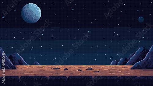 pixel art space game level background, 8 bit retro style video game. Planet surface with rocks. Starry sky with planets. Vector illustration