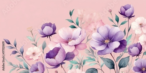 pretty purple theme flowers on pastel pink background, concept for banner, watercolor style