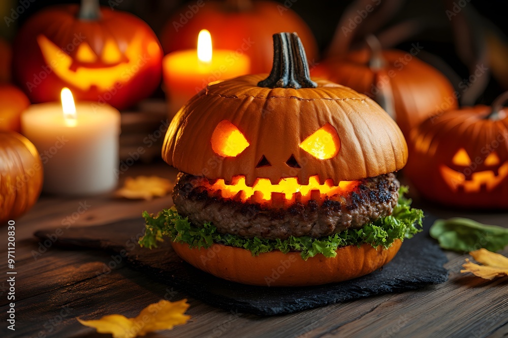 Halloween Pumpkin Burger with Candles and Leaves Halloween Pumpkin Burger with Candles and Leaves