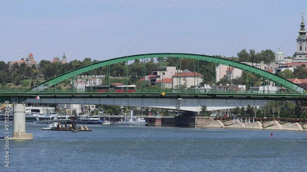 Green Arch Bridge Over Sava River in Belgrade Summer Day Travel zoom Green Arch Bridge Over Sava River in Belgrade Summer Day Travel zoom