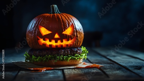 Halloween Jack o  Lantern Burger on Wooden Table photo