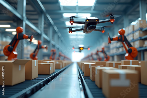 Wallpaper Mural Drone Delivery System in Automated Warehouse with Robotic Arms and Conveyor Belts Torontodigital.ca