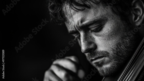 A high-contrast black-and-white portrait of a musician holding their instrument, looking thoughtful