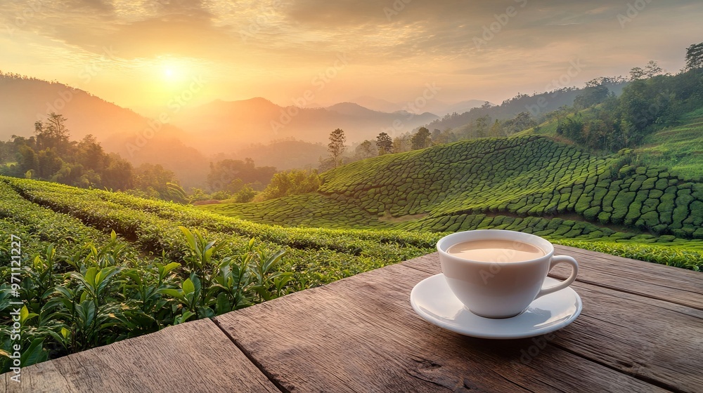Coffee Cup on Wooden Table Overlooking Tea Plantation at Sunset in Mountain Forest. AI generated illustration Coffee Cup on Wooden Table Overlooking Tea Plantation at Sunset in Mountain Forest. AI generated illustration