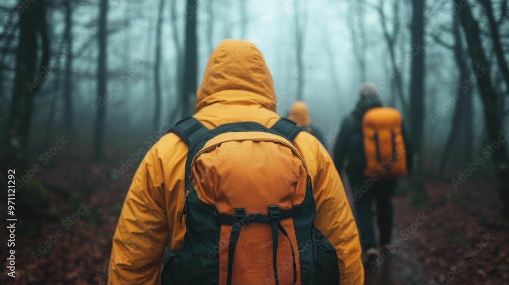 Hikers wearing yellow jackets walk through a misty forest, trekking on a fog-covered trail while exploring the wilderness.. Hikers wearing yellow jackets walk through a misty forest, trekking on a fog-covered trail while exploring the wilderness..
