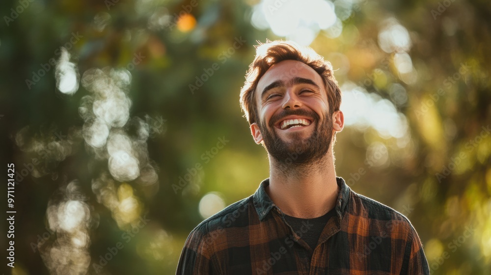 A man in casual clothing, captured mid-laugh in a park setting, natural light enhancing his joyful expression