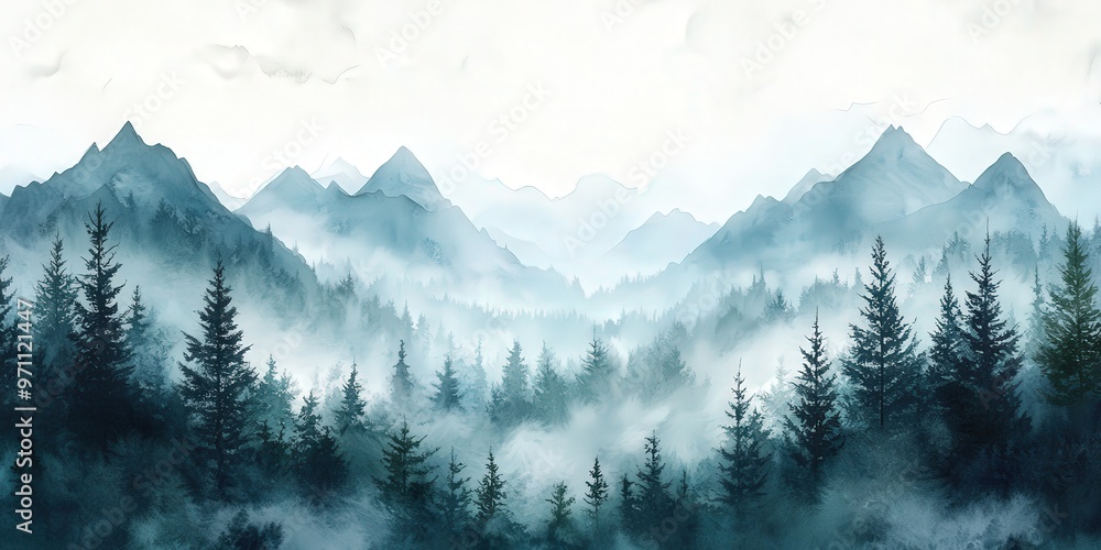 Fototapeta premium A serene watercolor painting of a misty forest with towering trees and distant mountains, creating a tranquil and dreamy atmosphere perfect for nature-inspired designs, wall art, or calming visual pro