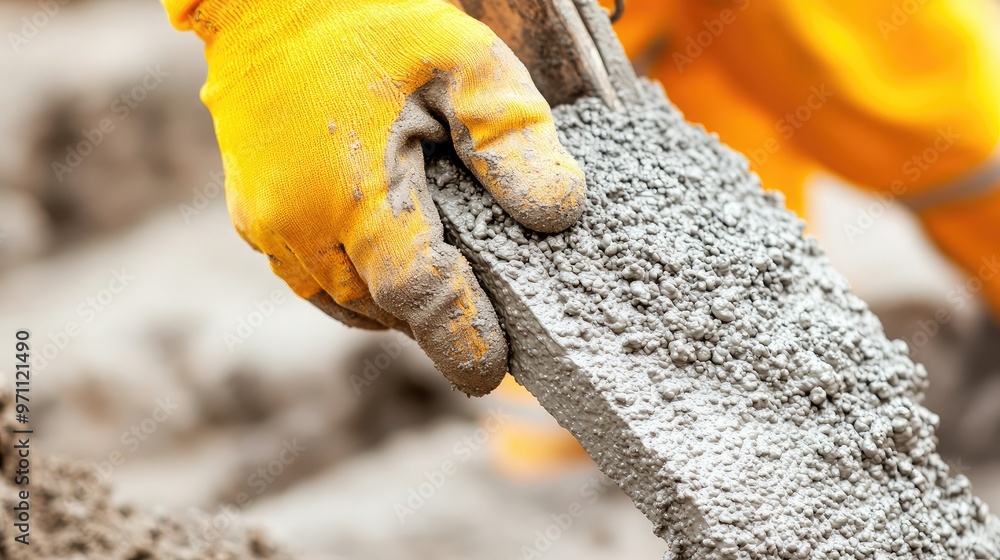 Close-up of a worker's hand holding a brick of wet concrete, showcasing construction work and craftsmanship in progress. Close-up of a worker's hand holding a brick of wet concrete, showcasing construction work and craftsmanship in progress.