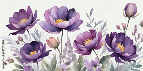 pretty purple theme flowers on pastel gray background, concept for banner, watercolor style