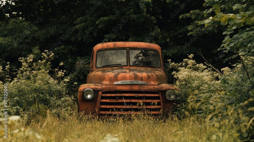 Obraz premium An old, rusty truck abandoned in a field, overgrown with weeds and surrounded by nature.