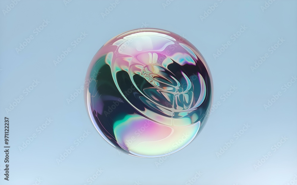3D rendering of a spherical object with rainbow-like colors in shades of pink purple and blue featuring a swirl pattern resembling a flower or leaf on a light blue background 3D rendering of a spherical object with rainbow-like colors in shades of pink purple and blue featuring a swirl pattern resembling a flower or leaf on a light blue background