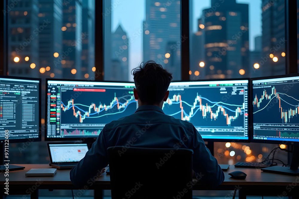 Trader Analyzing Stock Market Data on Multiple Screens in Office Trader Analyzing Stock Market Data on Multiple Screens in Office