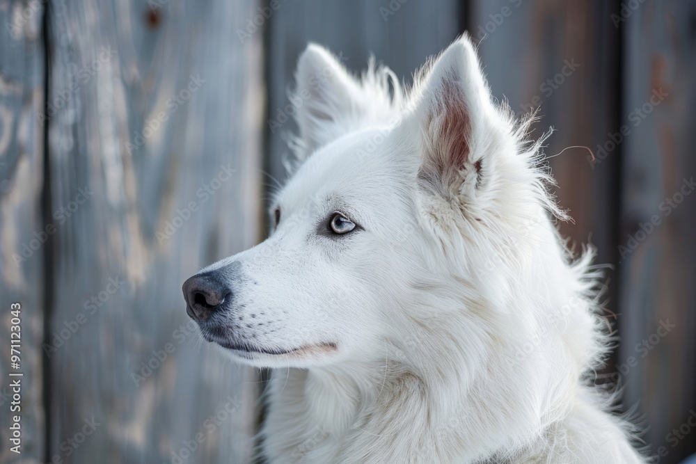 Fototapeta premium Majestic white dog against wooden fence