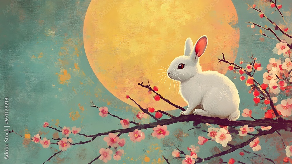 White Rabbit with Cherry Blossoms and Full Moon White Rabbit with Cherry Blossoms and Full Moon