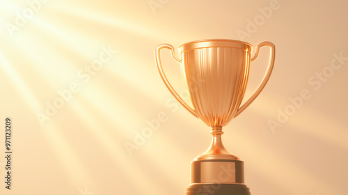 A shining trophy symbolizing victory and achievement, illuminated by warm sunlight in a serene backdrop.