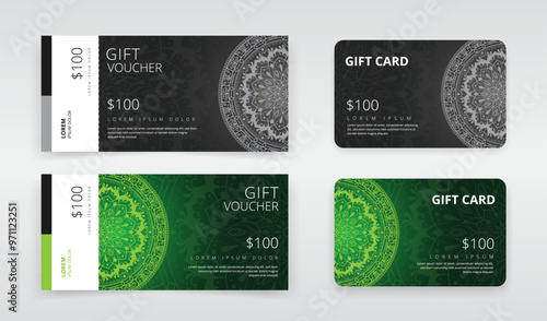 Gift voucher or e-gift card templates with mandala artwork