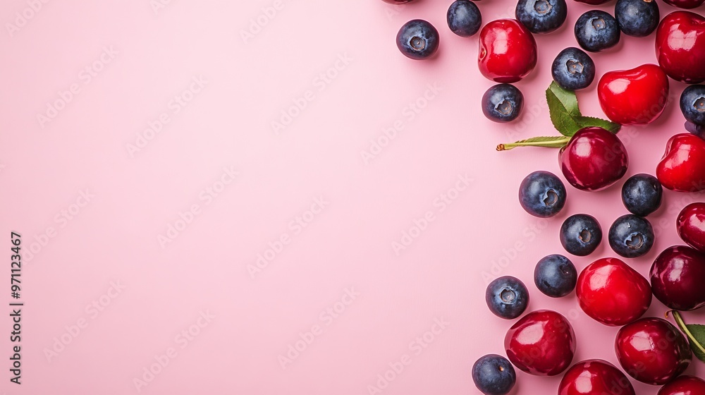 Flat Lay of Cherries and Blueberries on Pink Background with Copy Space. AI generated illustration Flat Lay of Cherries and Blueberries on Pink Background with Copy Space. AI generated illustration