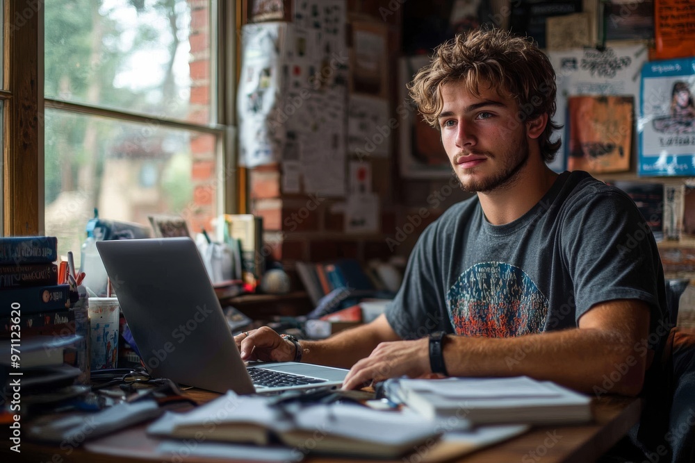 A student sitting at a desk in a dorm room. Generative AI A student sitting at a desk in a dorm room. Generative AI