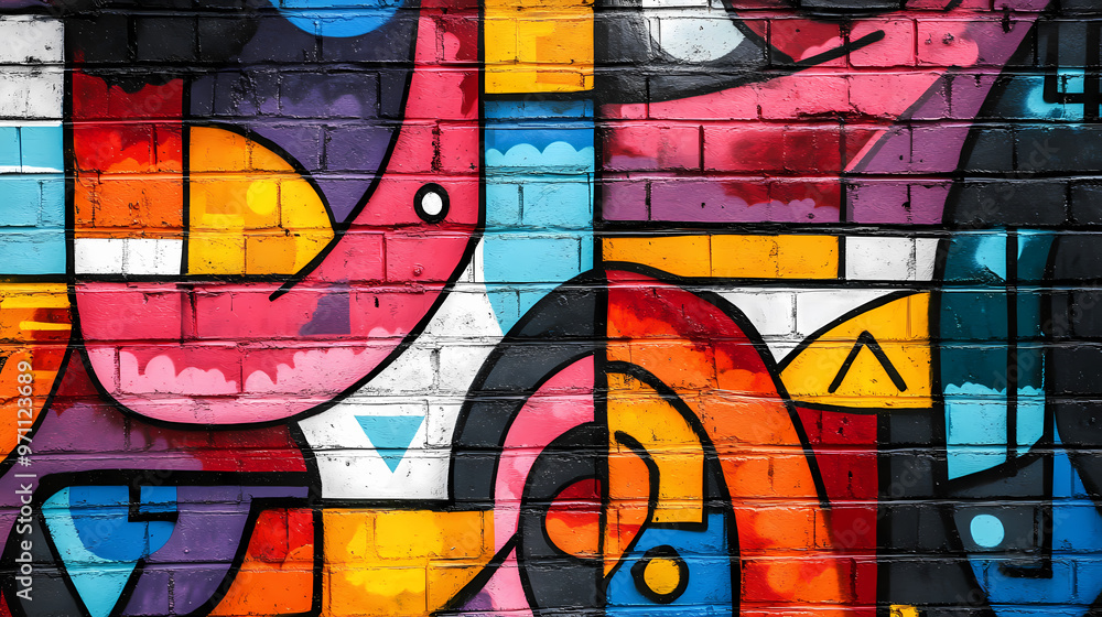Obraz premium Vibrant street art mural with colorful graffiti showcasing abstract shapes and designs on a brick wall, representing urban creativity and culture. Graffiti Art. Illustration
