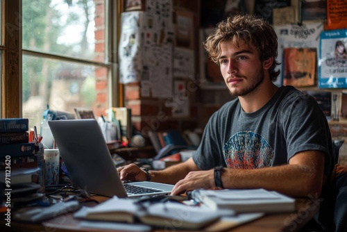 A student sitting at a desk in a dorm room. Generative AI