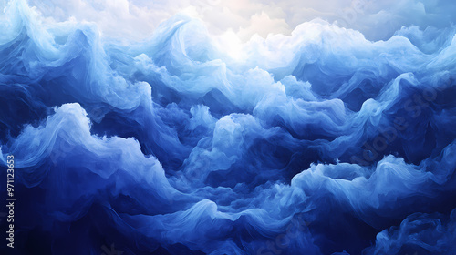 Vast panoramic fantasy cloudscape in cobalt and sapphire blue colors, mesmerizing flowing ocean of surreal fabric folds stylized in renaissance inspired oil paint. Renaissance. Illustration photo