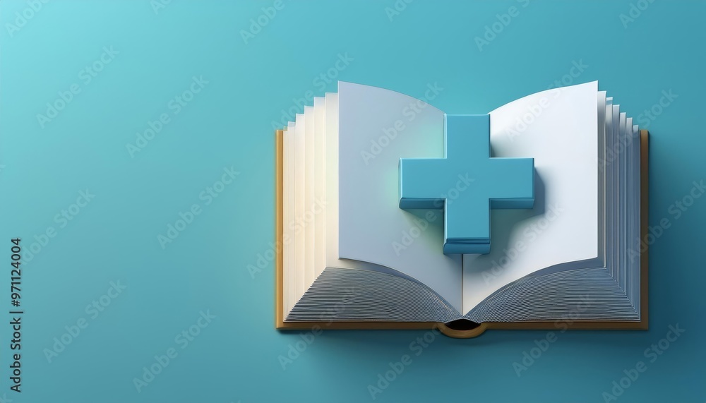 An open book with a 3D medical cross symbol, illustrating health, learning, and knowledge in healthcare themes. An open book with a 3D medical cross symbol, illustrating health, learning, and knowledge in healthcare themes.