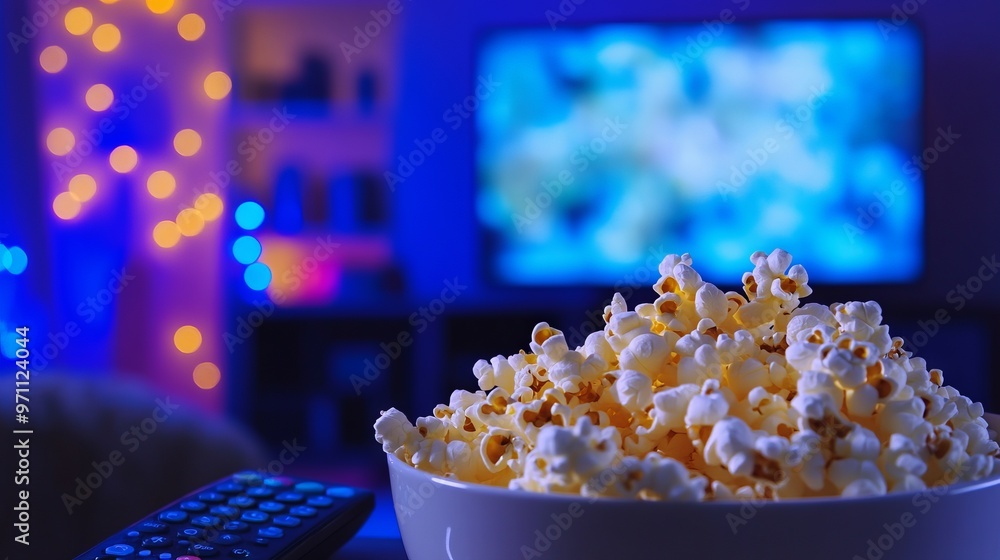 Popcorn and Remote Control on Table with Blurred Living Room Background and Blue Lights. AI generated illustration Popcorn and Remote Control on Table with Blurred Living Room Background and Blue Lights. AI generated illustration
