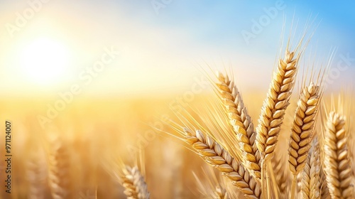 Golden wheat field basking in sunlight against a clear blue sky, symbolizing abundance and nature's bounty.