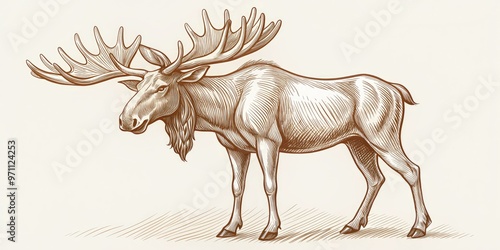 Simple, detailed illustration of a majestic moose's outline, showcasing its large antlers, robust body, and gentle features in a beautiful, hand-drawn style. photo