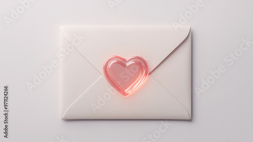 An elegant white envelope with a soft pink heart embellishment, perfect for love letters and romantic messages. photo