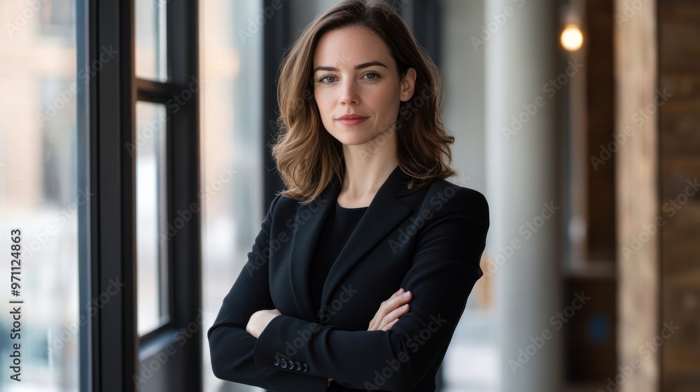 A professional headshot of a woman in a blazer, standing confidently with arms crossed in a modern office A professional headshot of a woman in a blazer, standing confidently with arms crossed in a modern office