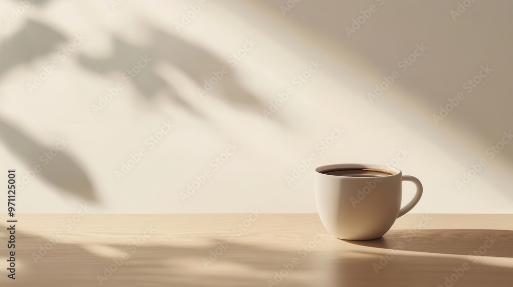 A serene coffee cup on a wooden table with soft shadows, evoking calmness.