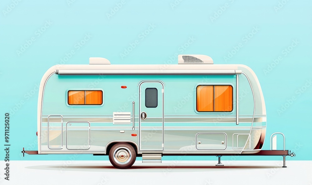 Stylish retro camper trailer on a bright background, perfect for travel and adventure enthusiasts seeking an escape. Stylish retro camper trailer on a bright background, perfect for travel and adventure enthusiasts seeking an escape.