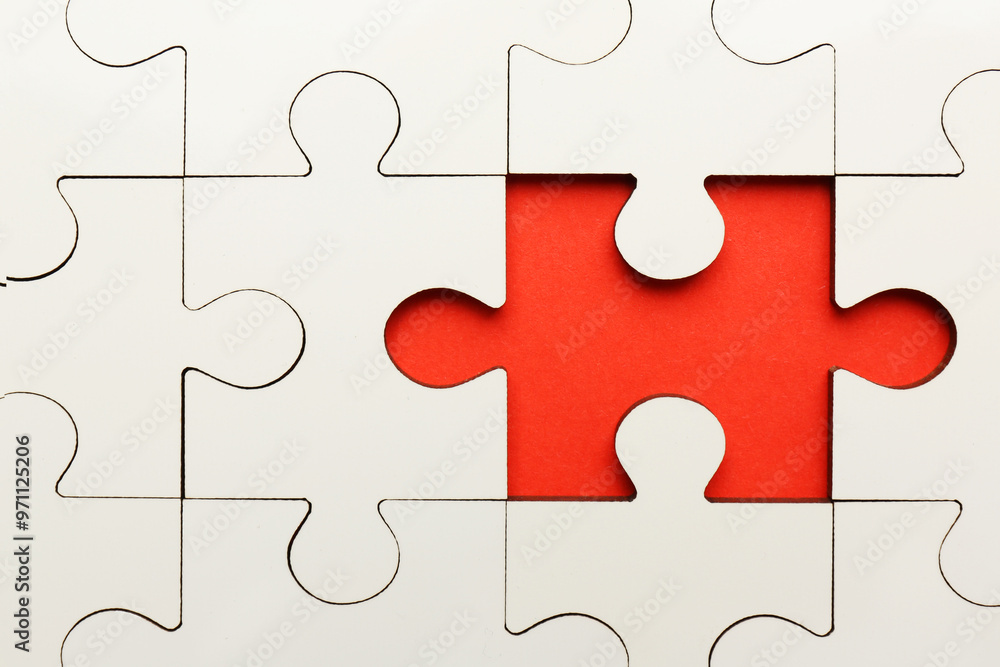 White puzzle with missing piece on red background, top view White puzzle with missing piece on red background, top view