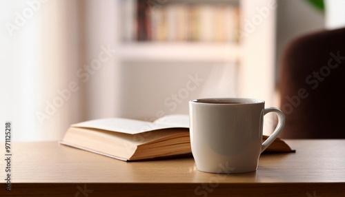 a mug of coffee sits on a table next to a book