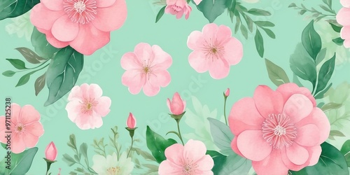 pretty pink theme flowers on pastel green background, concept for banner, watercolor style