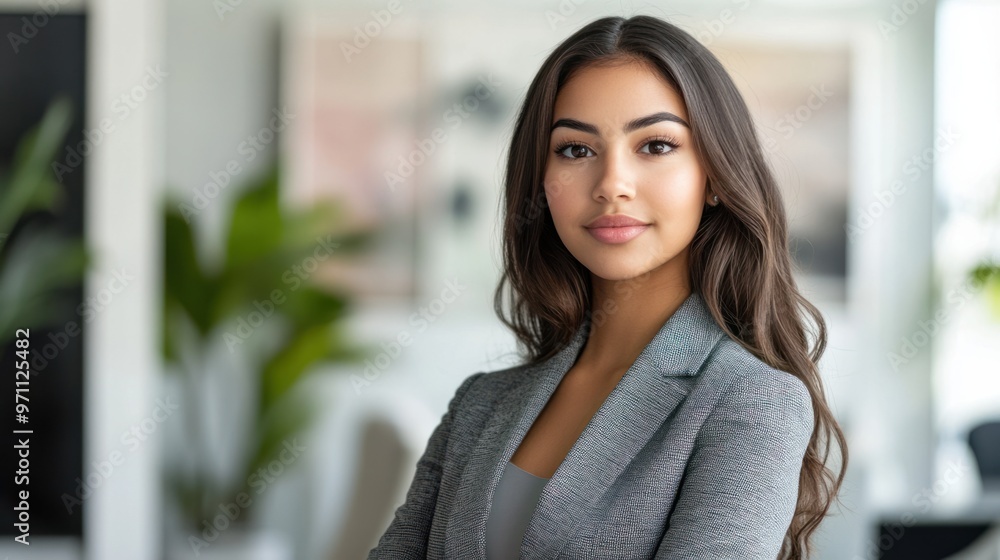 A professional headshot of a young woman in a stylish suit, looking confidently at the camera with modern office decor behind A professional headshot of a young woman in a stylish suit, looking confidently at the camera with modern office decor behind