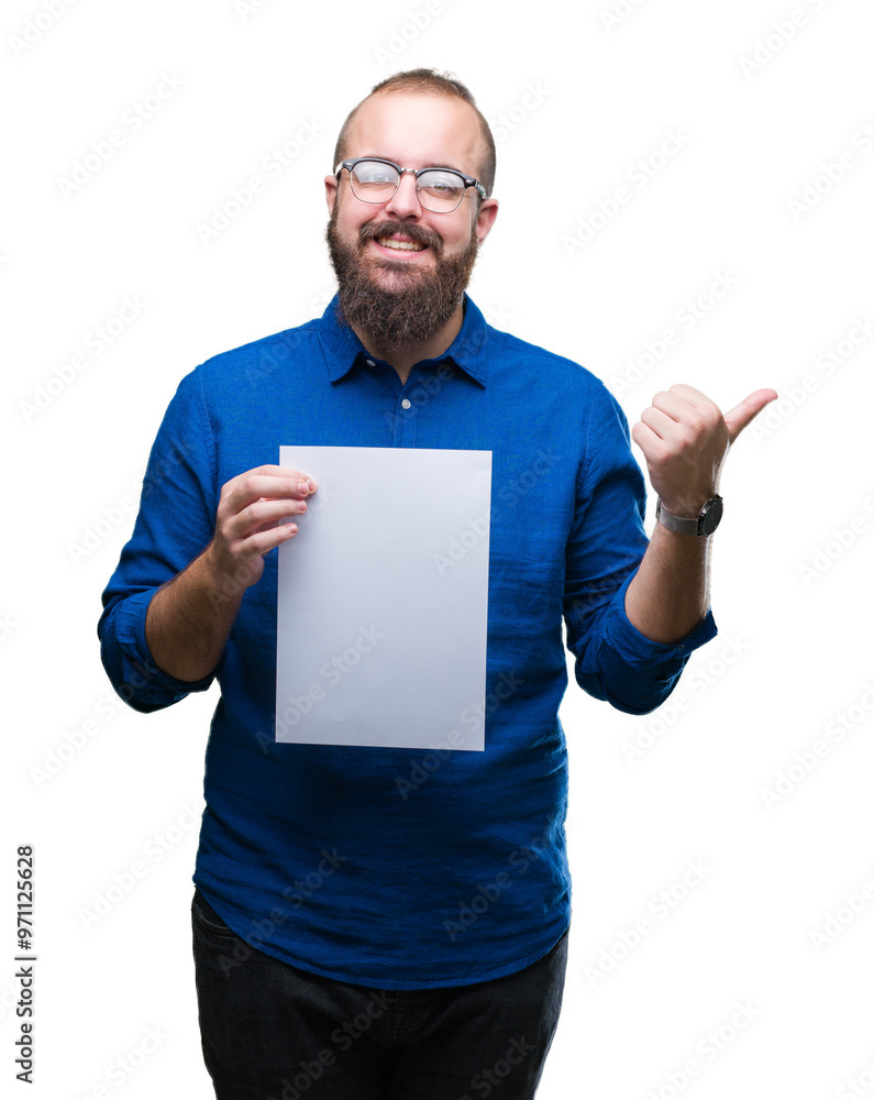 Young hipster man wearing glasses and holding blank paper over isolated background pointing and showing with thumb up to the side with happy face smiling Young hipster man wearing glasses and holding blank paper over isolated background pointing and showing with thumb up to the side with happy face smiling