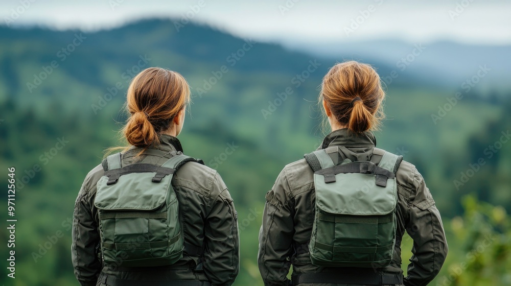 Two women in military jackets gaze at a vast mountain landscape, embodying adventure and the spirit of exploration. Two women in military jackets gaze at a vast mountain landscape, embodying adventure and the spirit of exploration.
