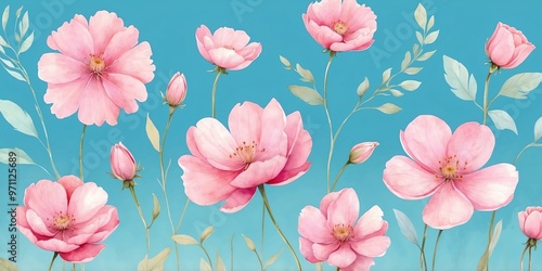 pretty pink theme flowers on pastel blue background, concept for banner, watercolor style