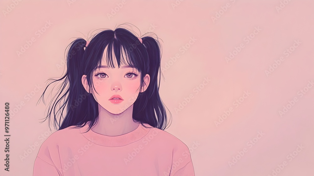 Anime Girl in Oversized Pastel Sweater Peeking from Above Minimalistic Background Anime Girl in Oversized Pastel Sweater Peeking from Above Minimalistic Background
