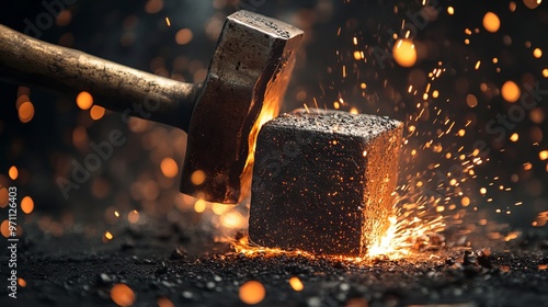 Blacksmith Hammering Iron with Sparks Flying in a Dramatic Action Scene. AI generated illustration